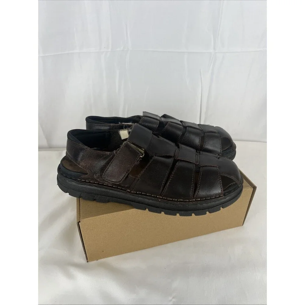 Hunters Bay Men's Brown Leather Fisherman Sandals Shoes Size 12 Hook & Loop